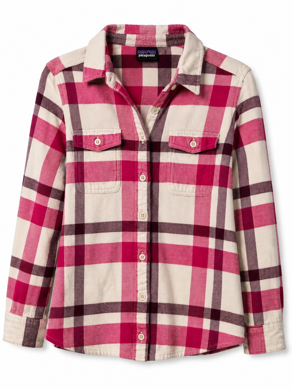 Patagonia Fjord Organic Cotton Plaid Flannel Shirt Pink Cream Womens Size 2
